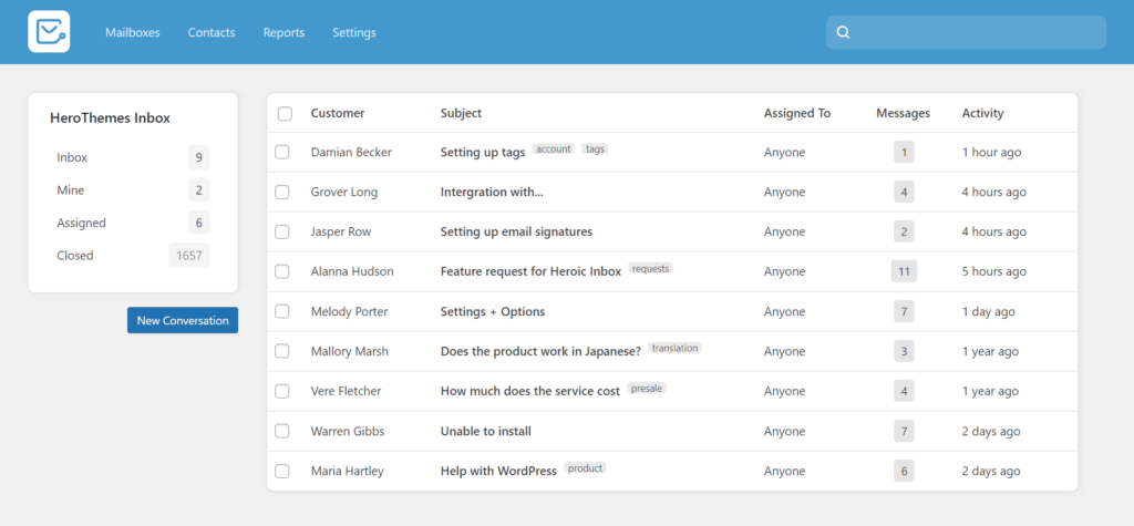 An example of tickets in a helpdesk created with heroic inbox