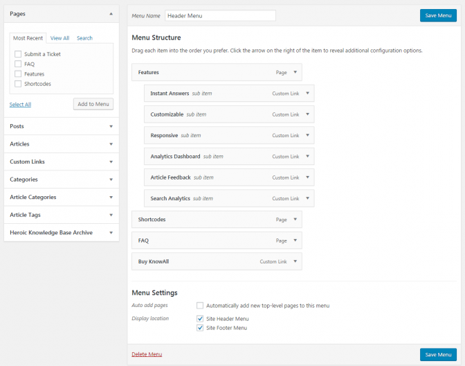 Knowall custom menu configuration