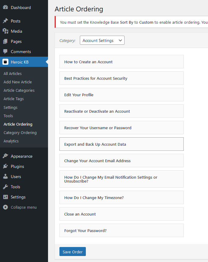 Knowledge base article ordering