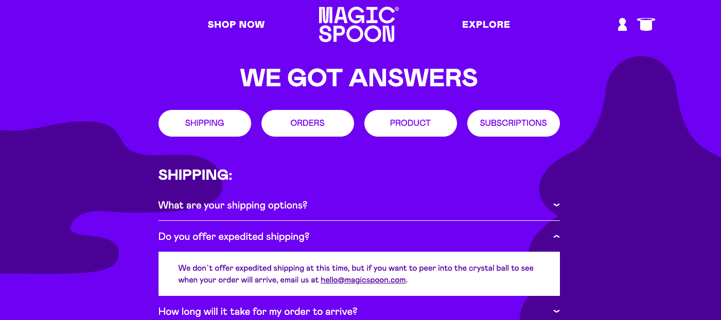 Screenshot showing magic spoons well organized faq page