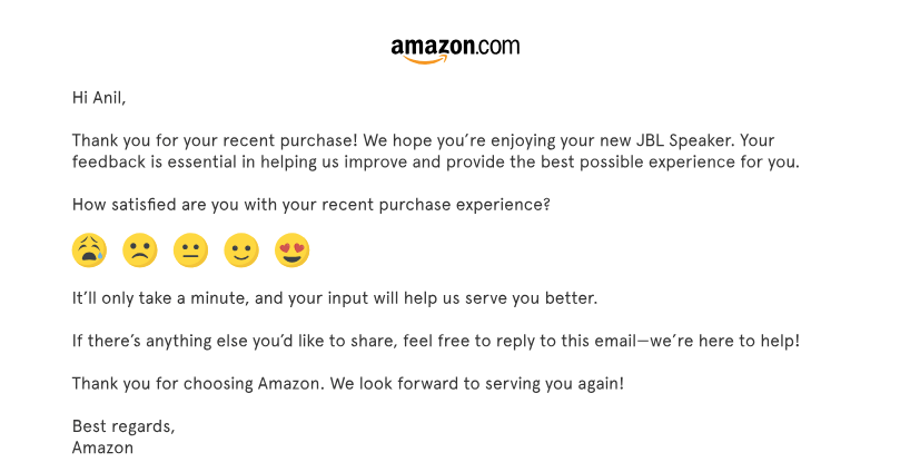 Post support csat email example from amazon