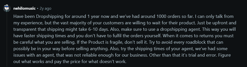 Reddit users opinion on dropshipping customer service