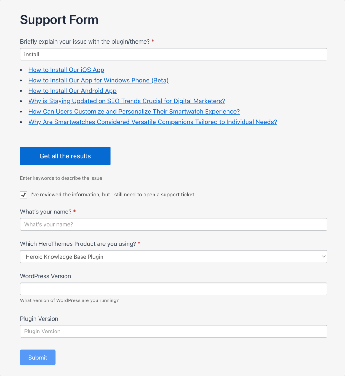 Full support form with kb suggest field