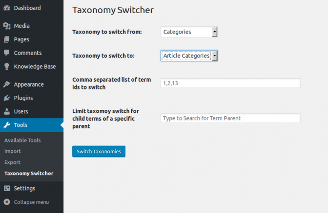 Taxonomy switcher screen