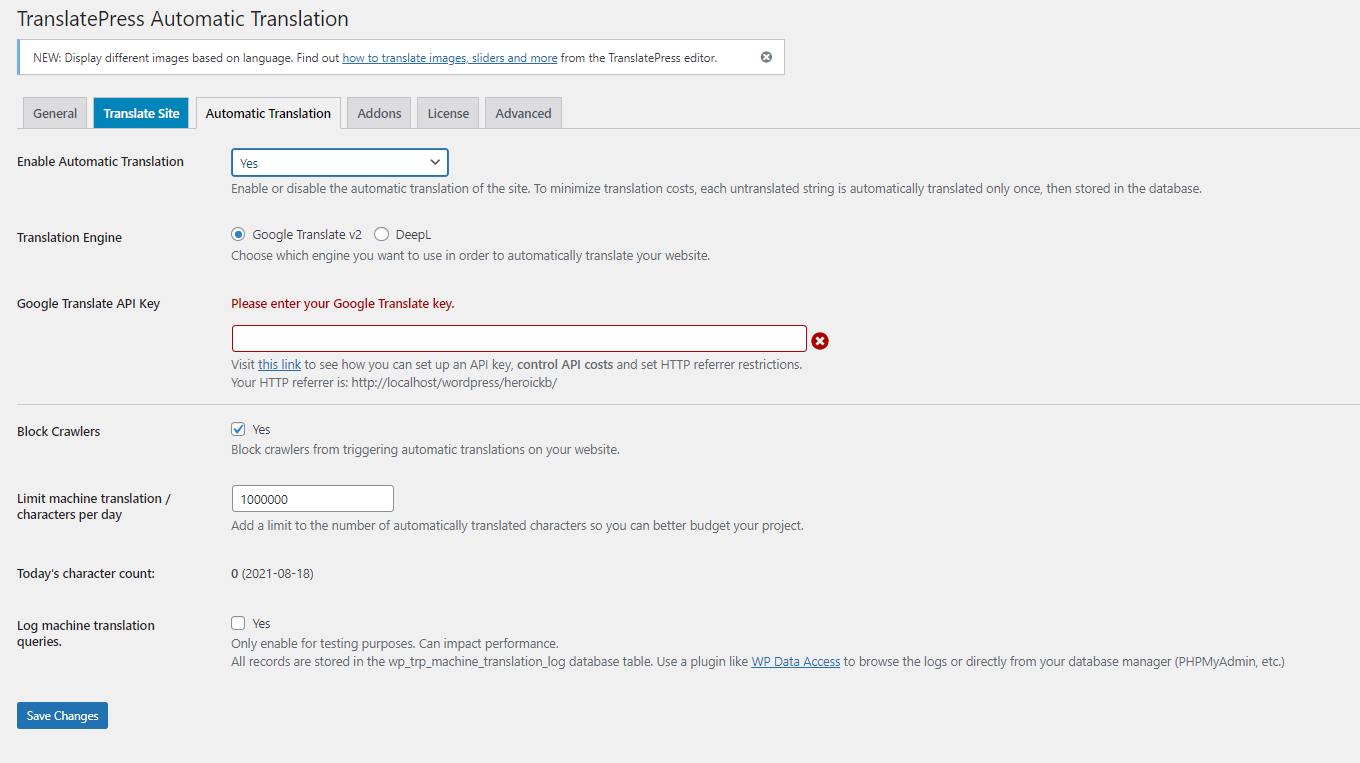 Translatepress automatic translation feature