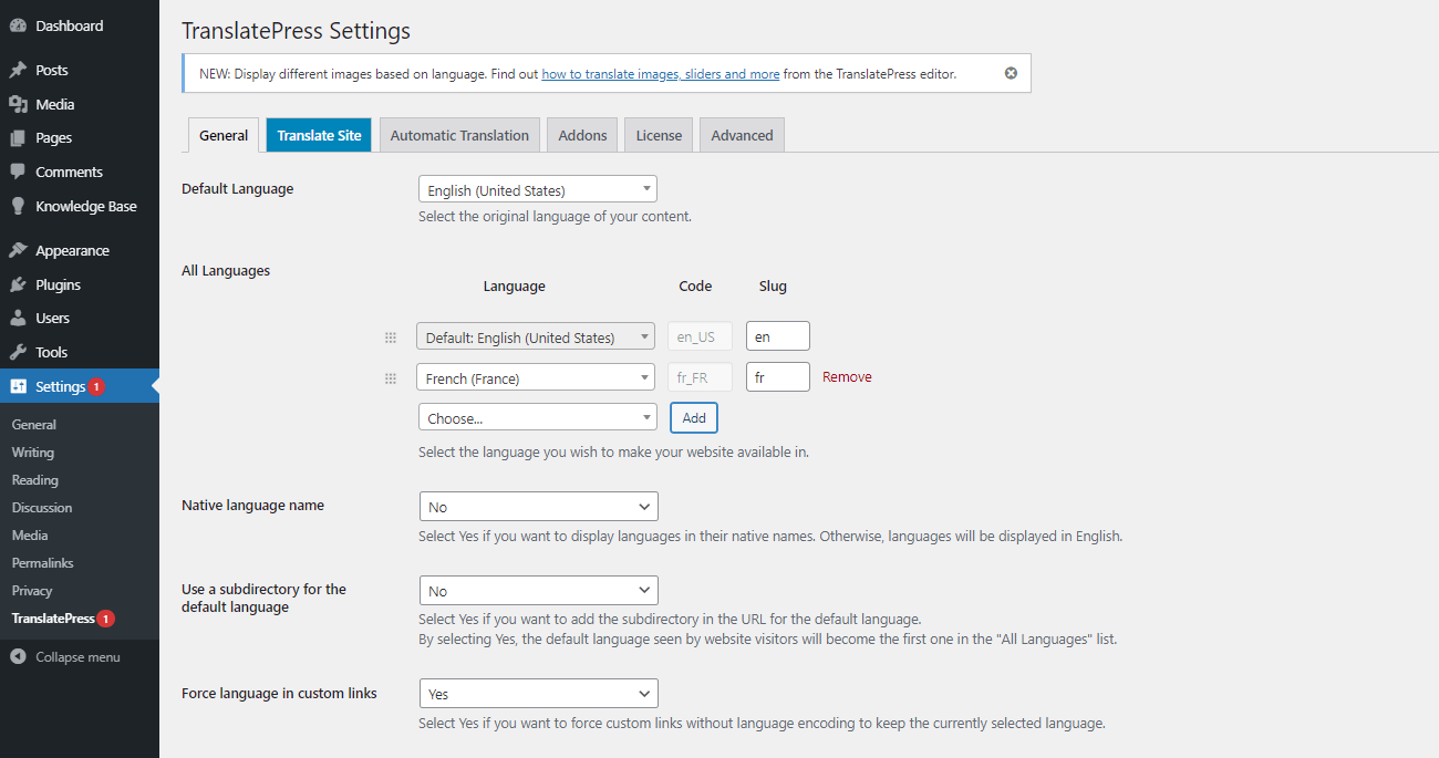 Translatepress  settings