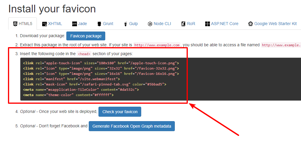 Code snippet for <head> section