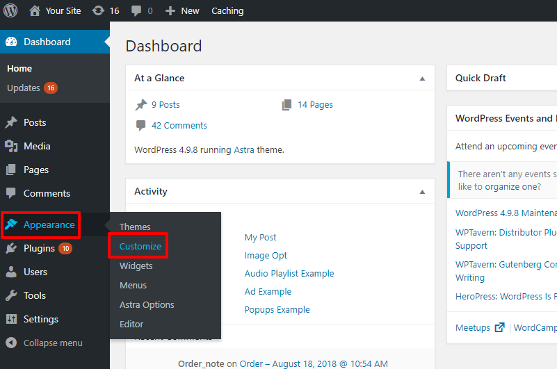 Access wordpress customizer
