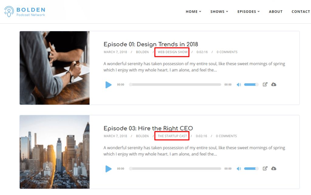 Episode list in bolden