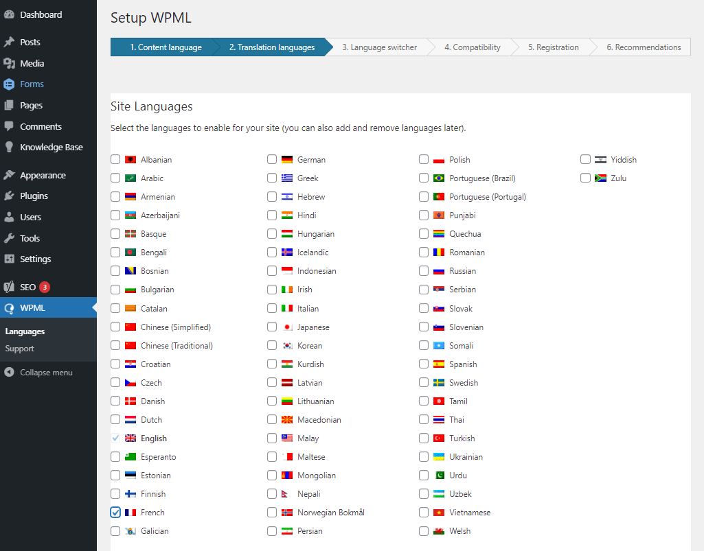 Wpml setup translation languages