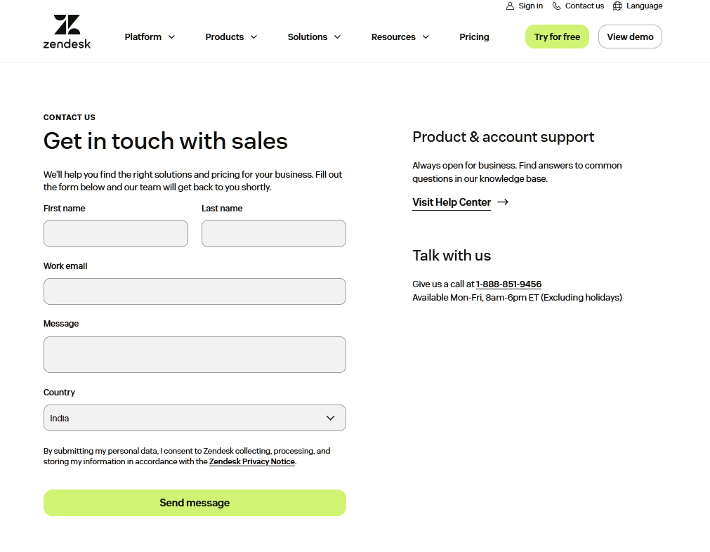Zendesk contact page